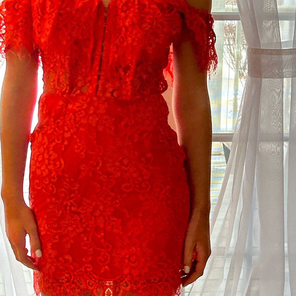 NWT NBD x Naven Allie Dress Women's Small Red Lace Semi Sheer Sides Cocktail
